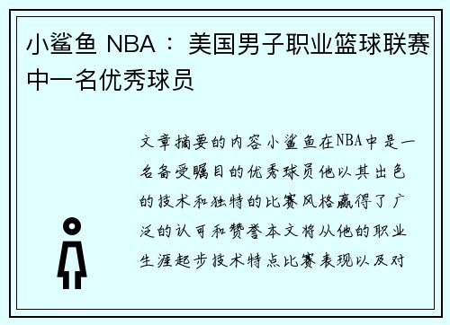 小鲨鱼 NBA ：美国男子职业篮球联赛中一名优秀球员